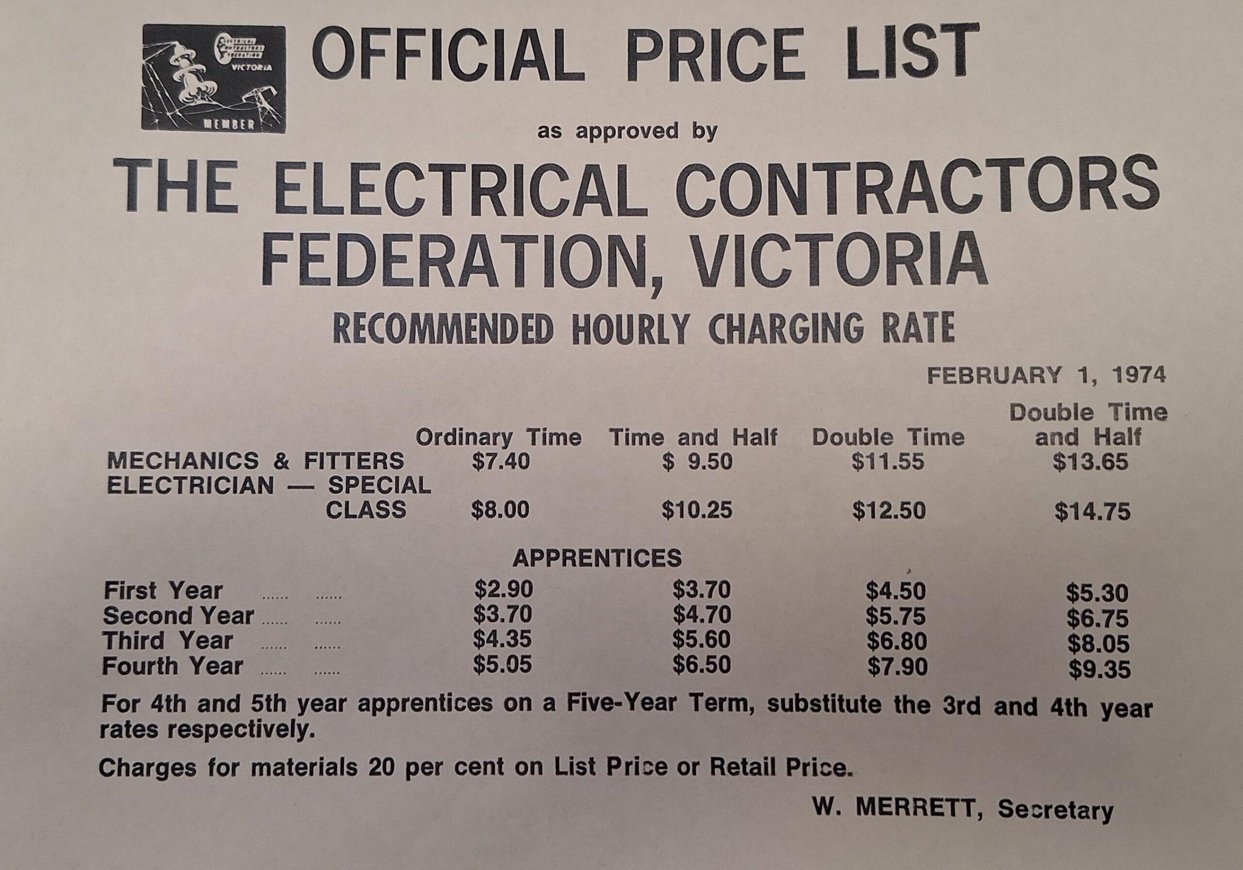 1974 price list for electricians-a